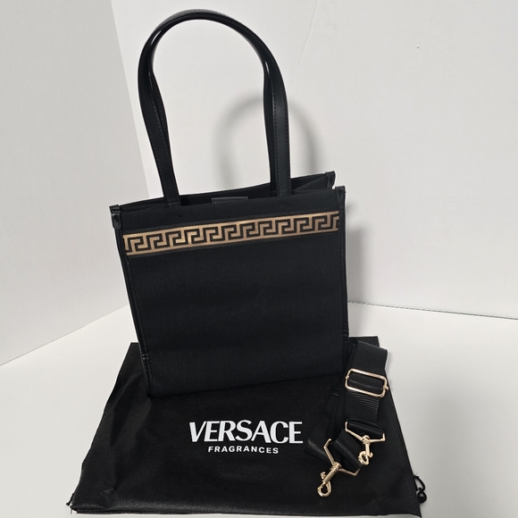 Versace Fragrances Engraved Gold Tone Black Canvas Gold Pattern Tote Handbag New - Picture 4 of 16